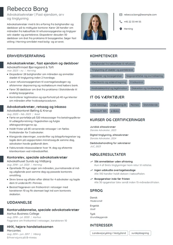 CV-eksempel til advokatsekretær i fast ejendom