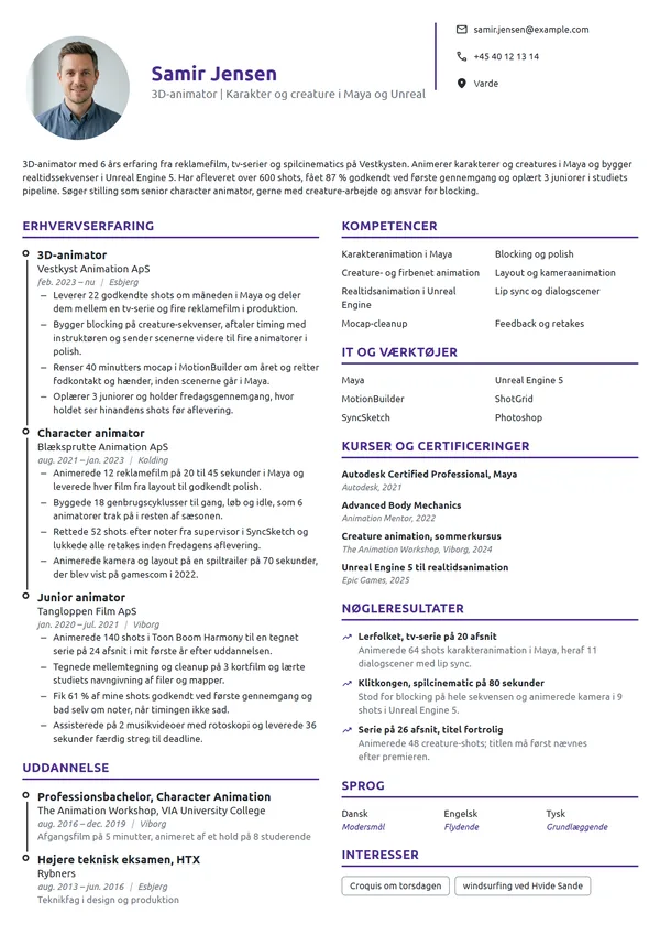 CV-eksempel til erfaren 3D-animator til spil og film
