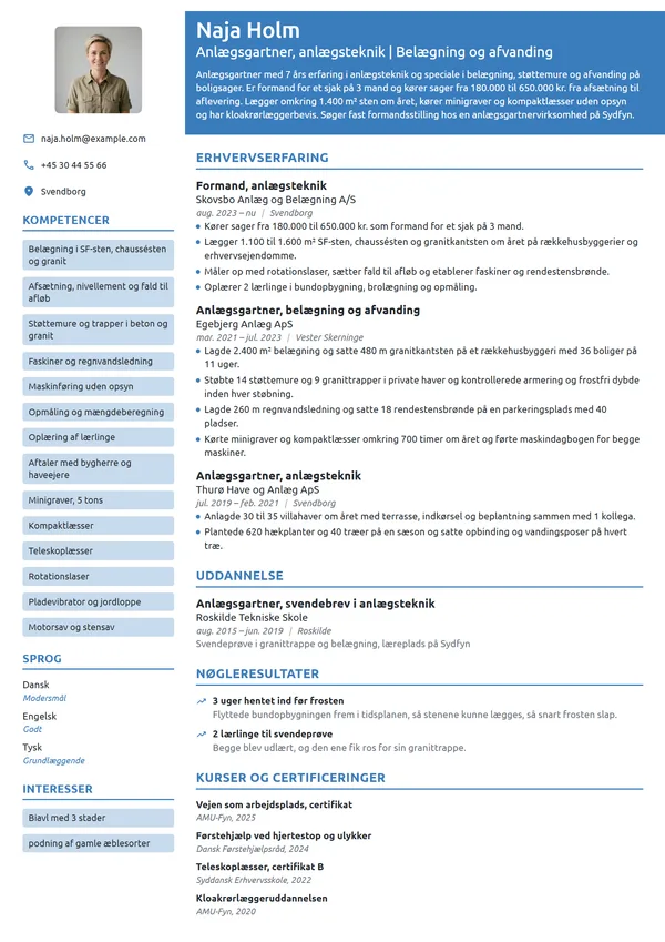 CV-eksempel til erfaren anlægsgartner i anlægsteknik