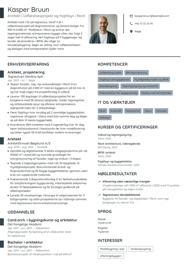 CV-eksempel til arkitekt i udførelsesprojekt