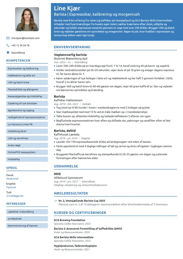 CV-eksempel til erfaren barista i specialty-kaffebar