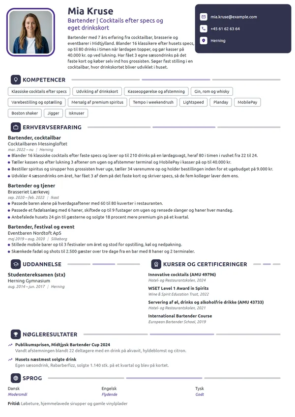 CV-eksempel til erfaren bartender i cocktailbar