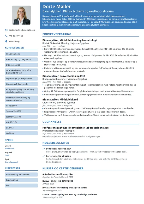 CV-eksempel til erfaren bioanalytiker i klinisk biokemi