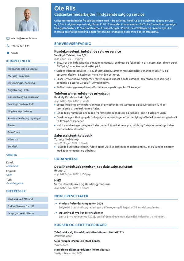 CV-eksempel til erfaren i indgående salg og service