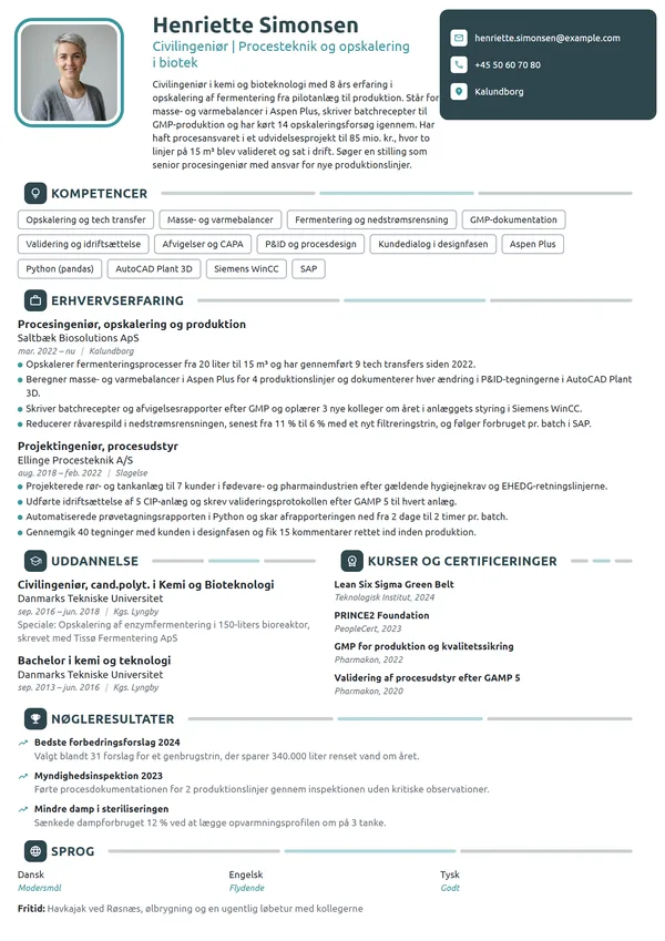 CV-eksempel til procesingeniør i biotekproduktion