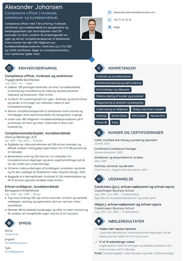 CV-eksempel til compliance officer i pengeinstitut