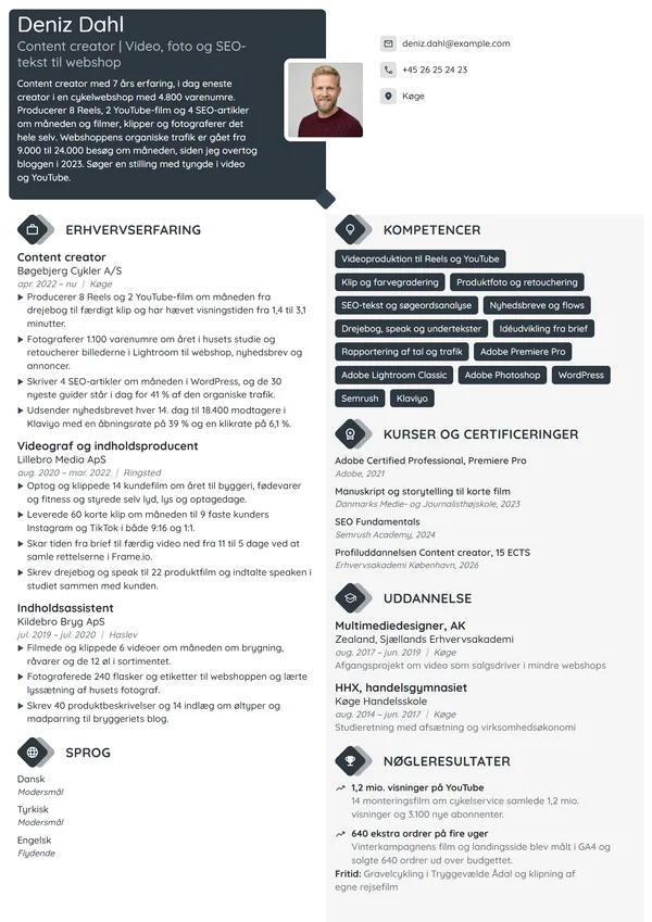 CV-eksempel til erfaren content creator i webshop