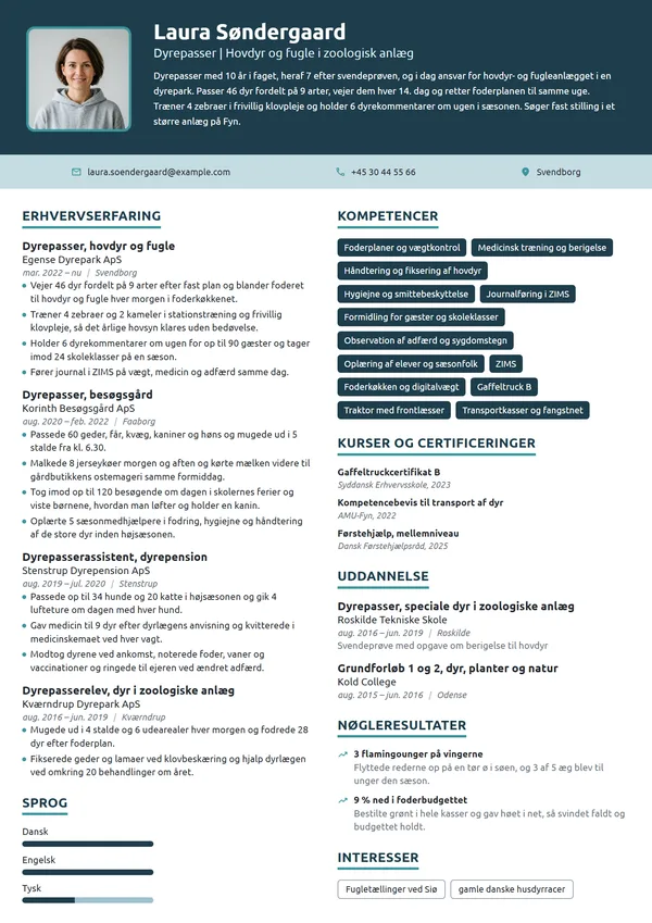 CV-eksempel til erfaren dyrepasser i dyrepark