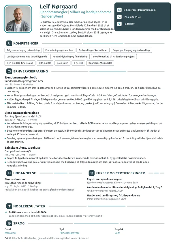 CV-eksempel til erfaren mægler, villaer og landejendomme