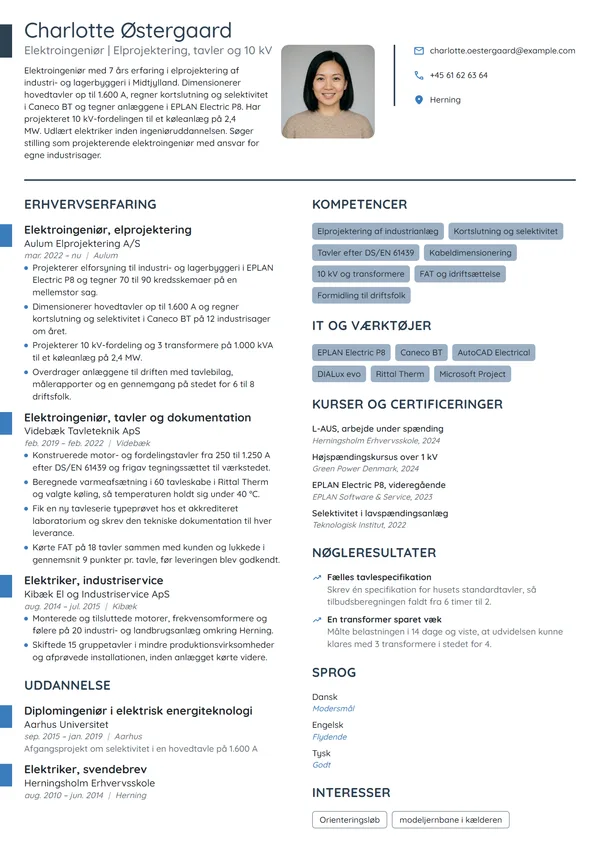 CV-eksempel til erfaren elektroingeniør i elprojektering