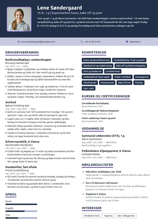 CV-eksempel til weekendjob i supermarked, 16 år