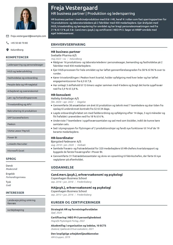 CV-eksempel til erfaren HRBP i medicinalproduktion