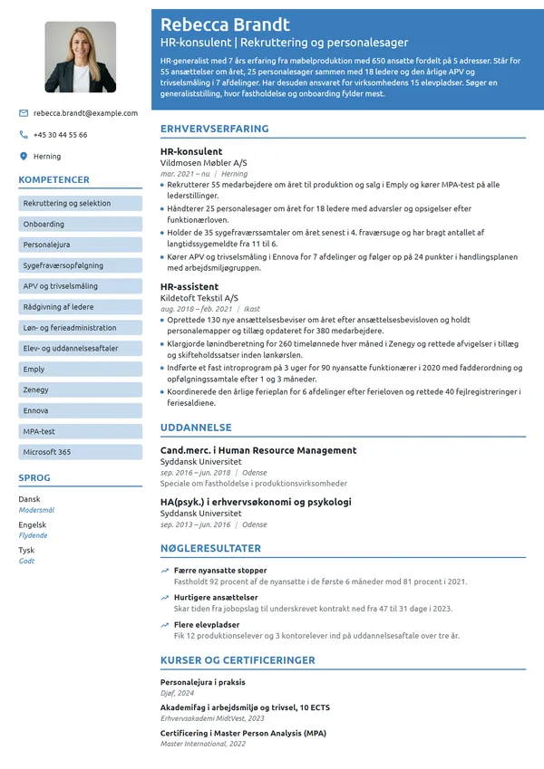 CV-eksempel til erfaren HR-generalist i produktion