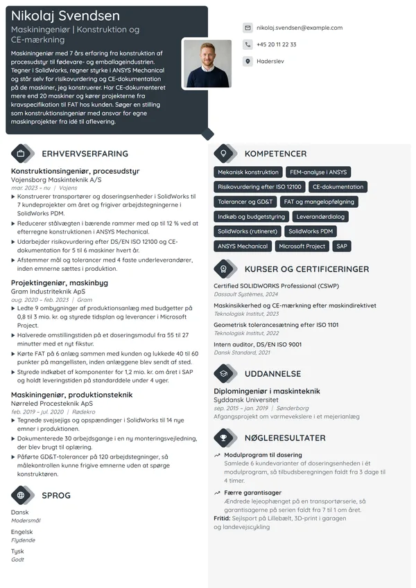 CV-eksempel til erfaren maskiningeniør i konstruktion