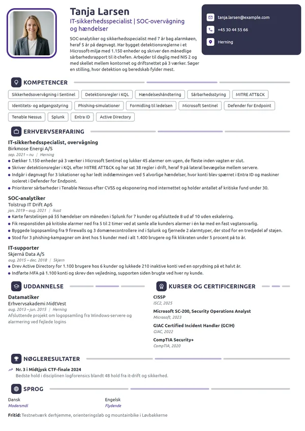 CV-eksempel til SOC-analytiker med døgnvagt