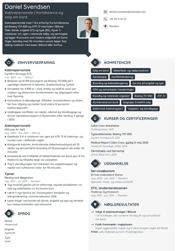 CV-eksempel til erfaren kabinepersonale, kortdistance