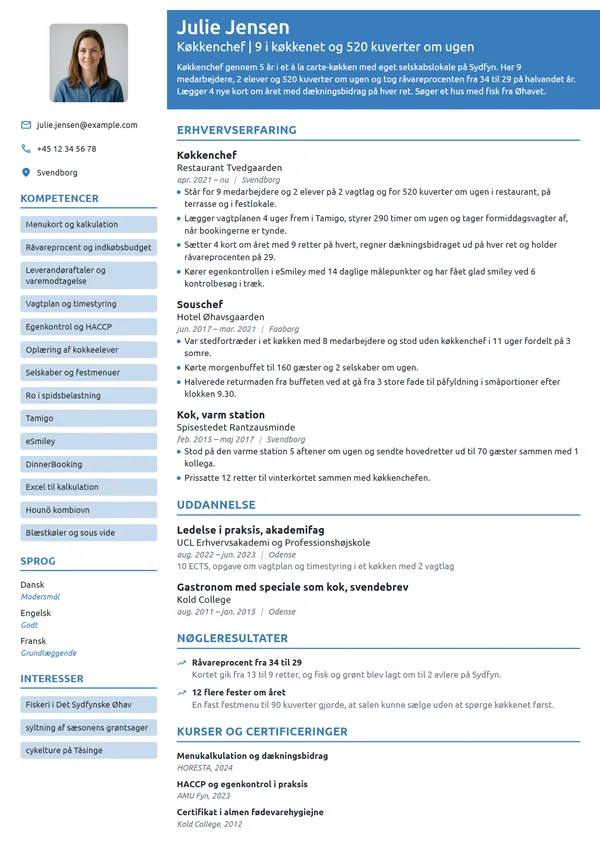 CV-eksempel til køkkenchef i restaurant og selskaber