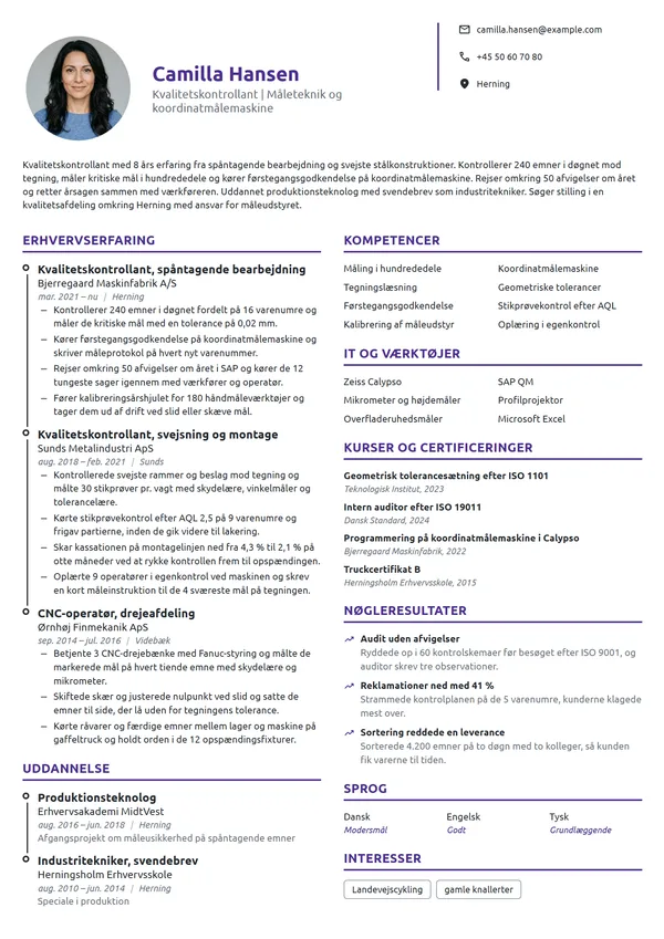 CV-eksempel til erfaren kvalitetskontrollant i metal