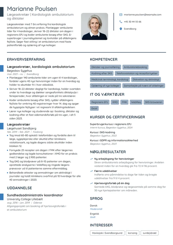 CV-eksempel til erfaren lægesekretær i ambulatoriet