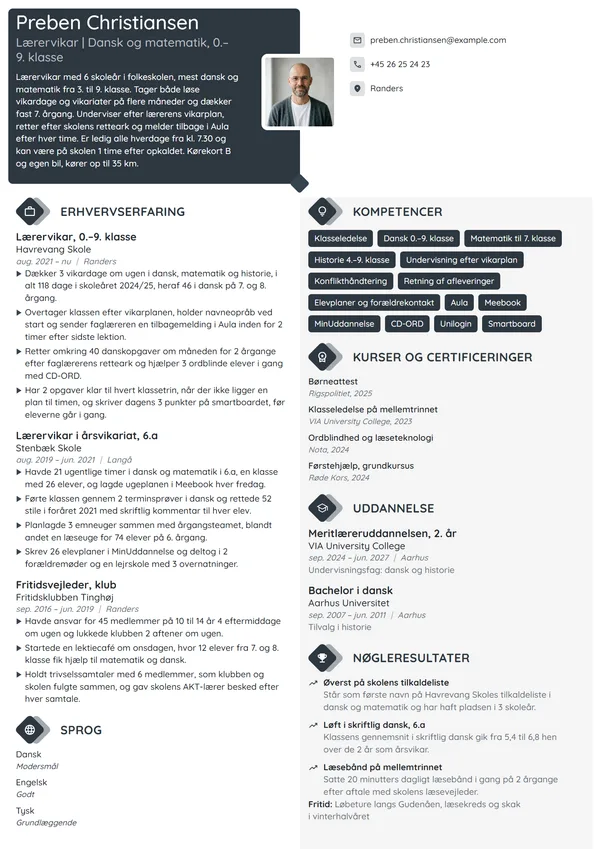 CV-eksempel til erfaren lærervikar i dansk og matematik