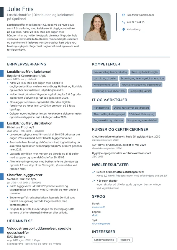 CV-eksempel til erfaren chauffør, distribution og køl