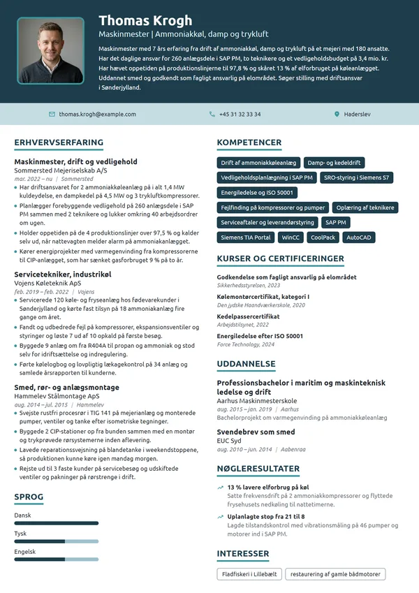 CV-eksempel til erfaren maskinmester i mejeridrift