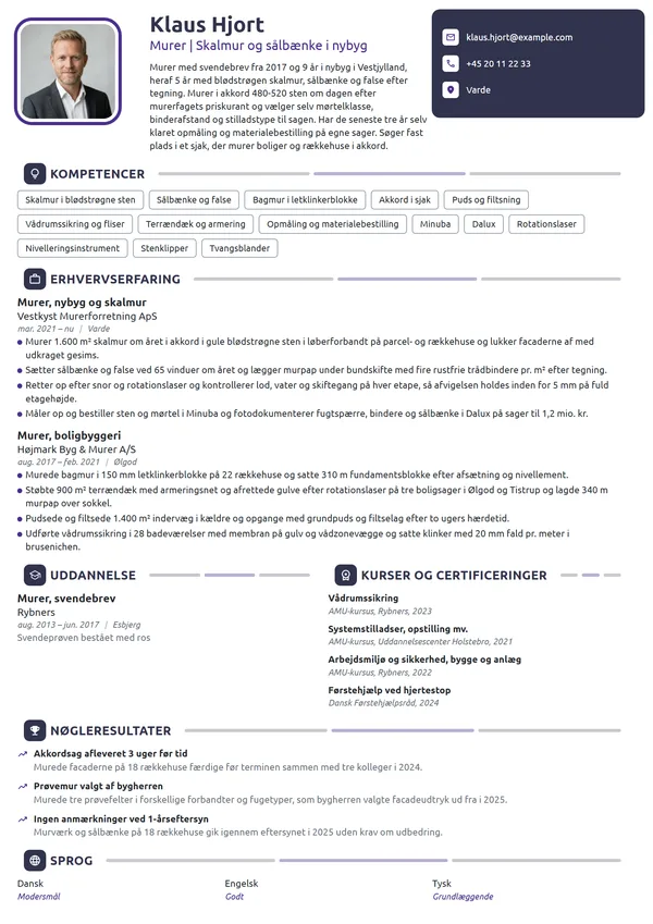 CV-eksempel til murer med skalmur og akkord