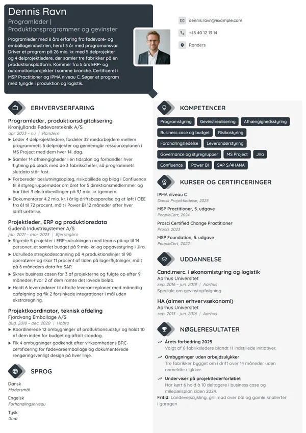 CV-eksempel til programleder med 8 års erfaring