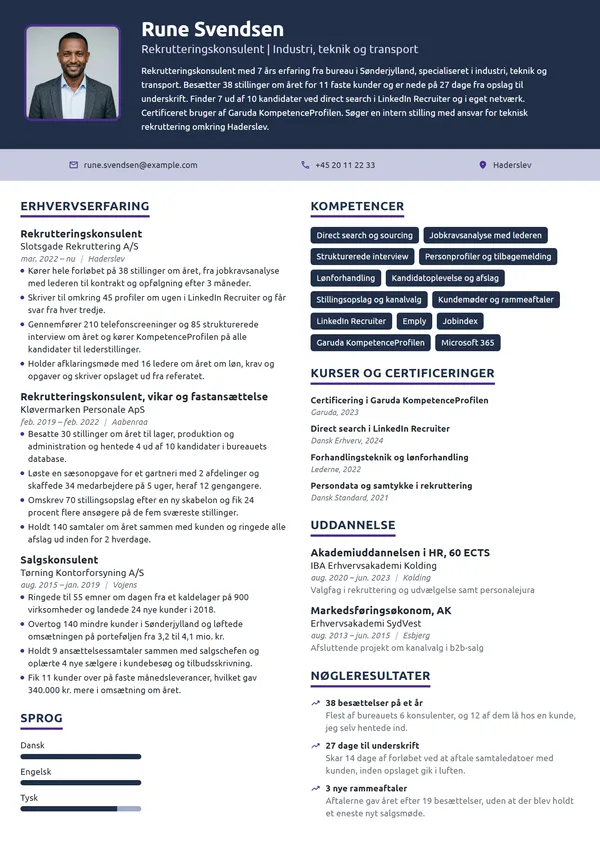CV-eksempel til erfaren rekrutteringskonsulent på bureau