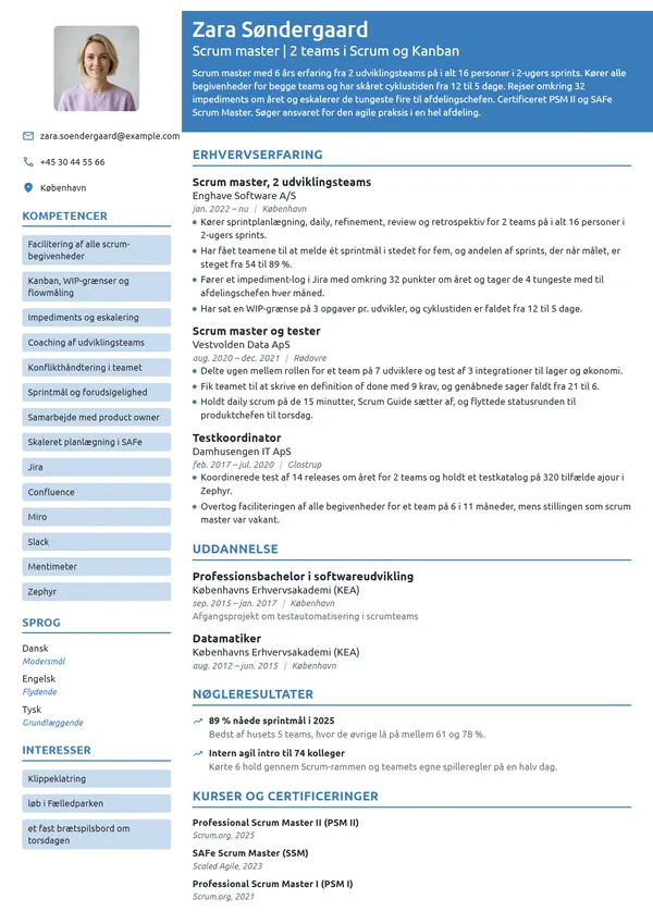 CV-eksempel til erfaren scrum master i softwarehus