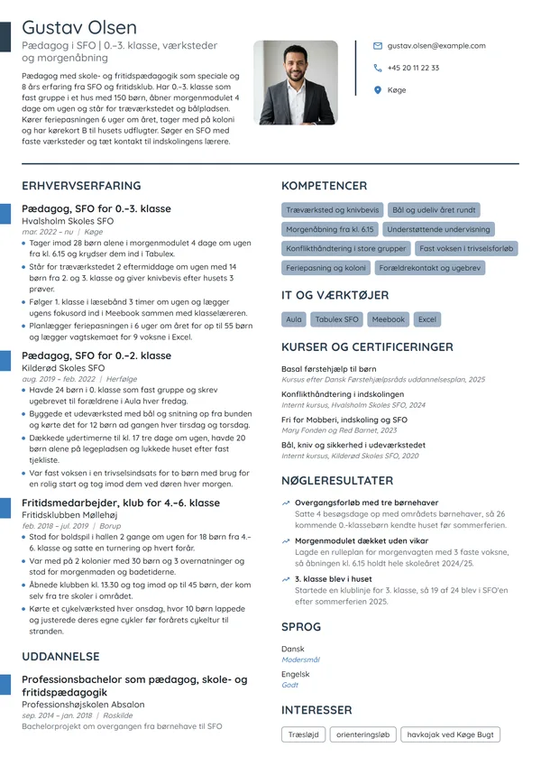 CV-eksempel til erfaren pædagog i SFO 0.–3. klasse