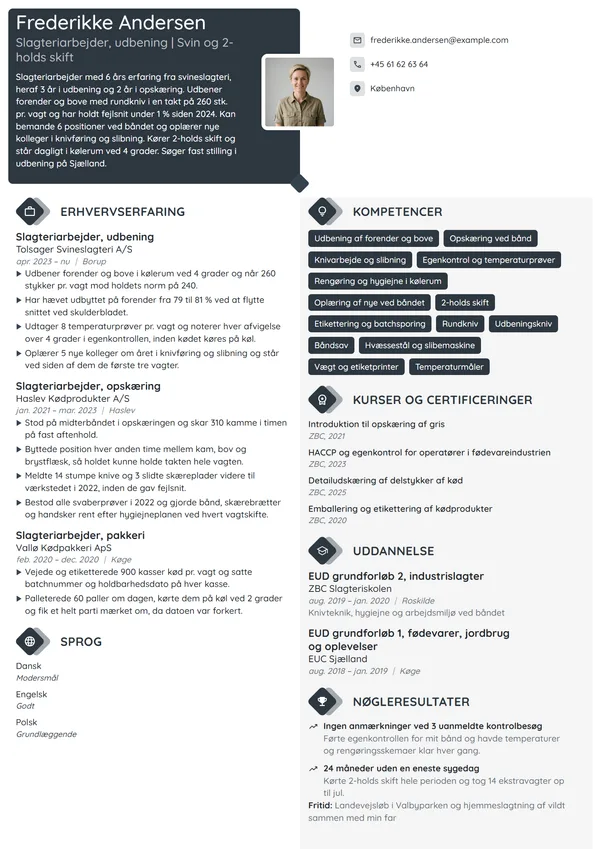 CV-eksempel til erfaren slagteriarbejder i udbening