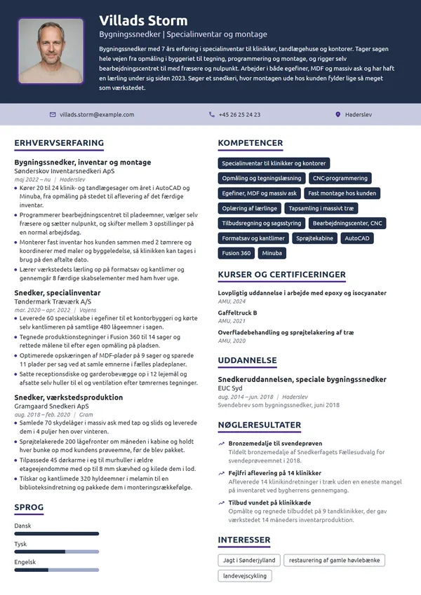 CV-eksempel til erfaren bygningssnedker, inventar