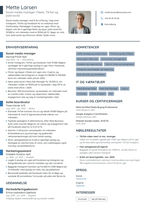 CV-eksempel til erfaren social media manager i webshop