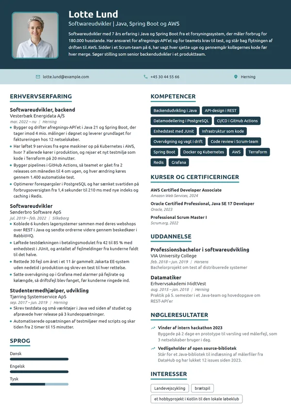 CV-eksempel til erfaren backendudvikler i Java