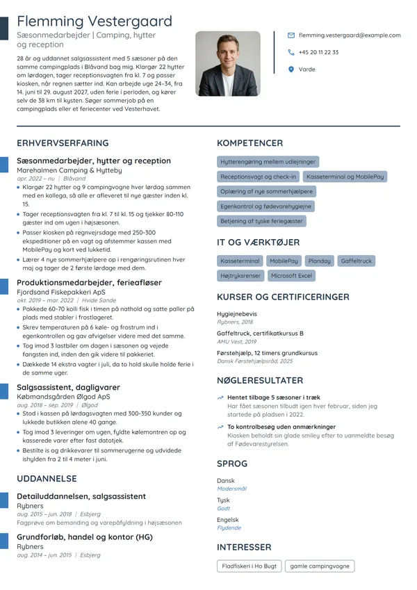 CV-eksempel til sæsonmedarbejder med 5 somre i Blåvand