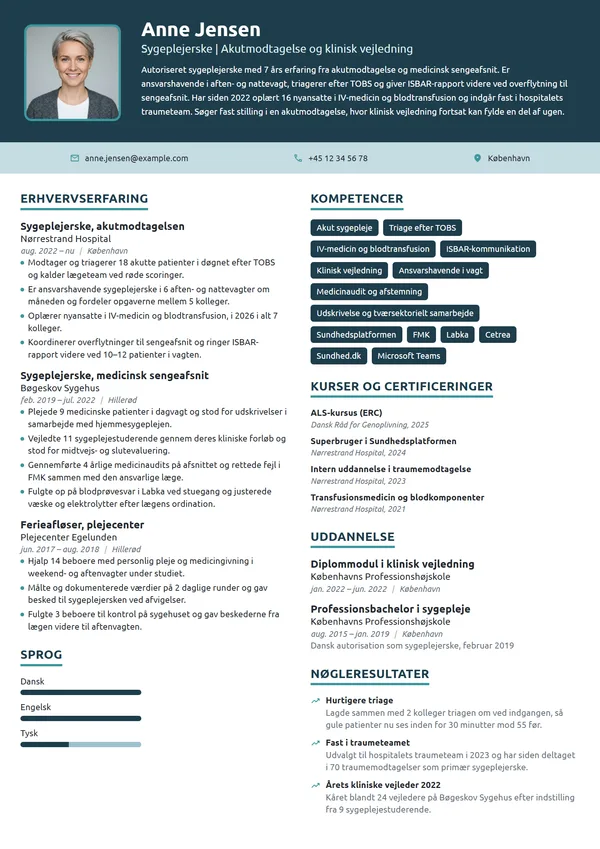CV-eksempel til erfaren sygeplejerske