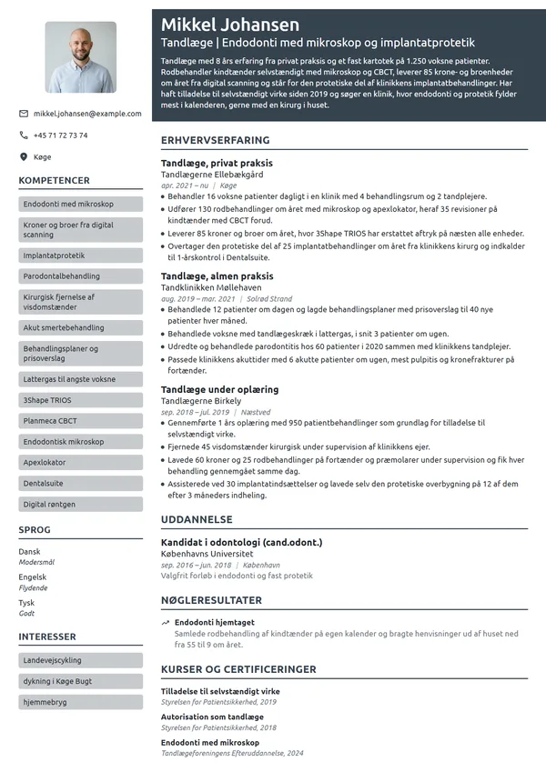 CV-eksempel til erfaren tandlæge i privat praksis