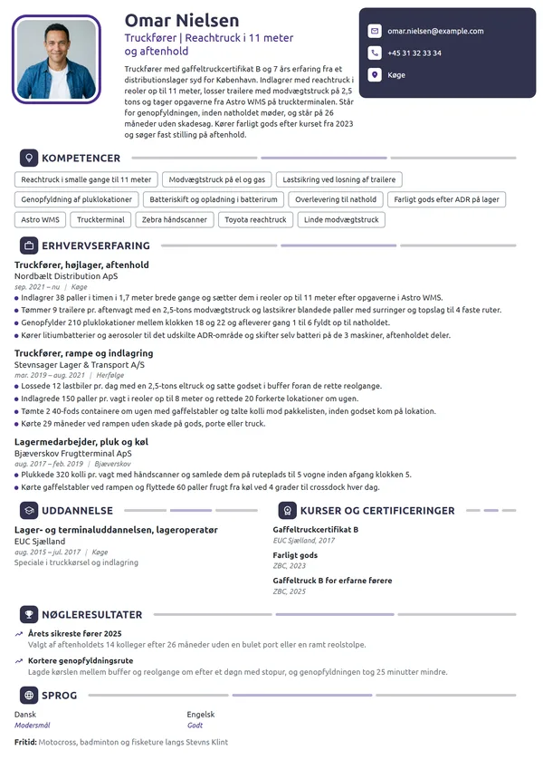 CV-eksempel til truckfører på højlager, aftenhold